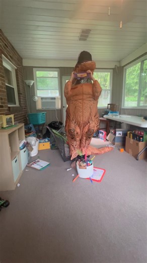 My son dressed up as a dinosaur costume, but he made a ￼ mess ￼￼￼