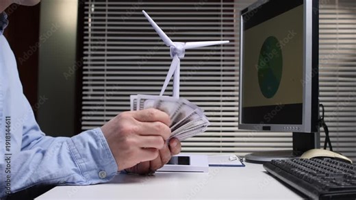 Person is counting dollar banknotes while sitting at a desk with a wind turbine model and a computer monitor showing a pie chart, representing green energy investment and financial planning
