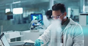 Scientist, beaker and chemical with laptop in laboratory for chemistry experiment, test sample and medical research. Science, man and liquid inspection for clinical study, investigation and happy