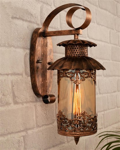 Antique Lantern Wall Sconces | Rustic Farmhouse Light | Hardwired Industrial Lighting | Rust Patina Finish | Hand Painted Copper Finish Lamp - Etsy