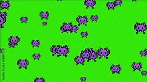 Video „Space monster. Classic game purple alien monster 8-bit graphic face emoji. Animated falling emojis. Social media icons symbol animation with green screen background.“ ze služby Stock