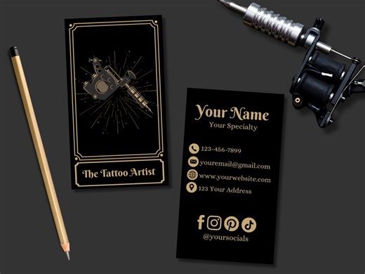Tattoo Artist Business Card Template | Tarot Card Tattoo Branding | Black & Gold | Gothic | Printable | Instant Download - Etsy