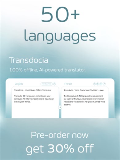 Transdocia: AI Translator for 50 Languages (100% Offline)