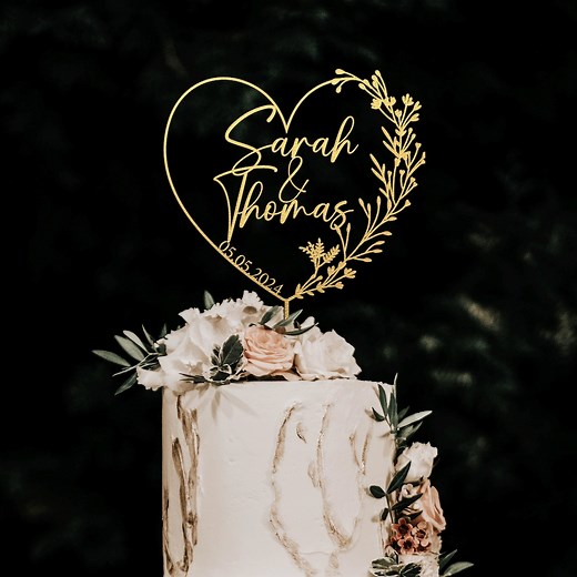 Gold Cake Topper With Heart, Heart Cake Topper, Wedding Cake Toppers,wedding Cake Topper,mr Mrs Cake Topper, Rustic,personalized Cake Topper - Etsy