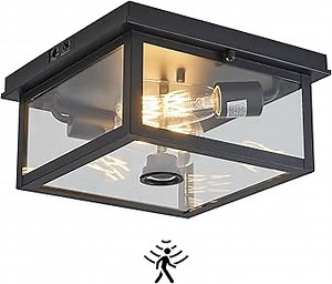 Adjustable Motion Sensor Ceiling Light Fixture Outdoor Modern Design of Squares Flush Mount 2-Light Textured Black with Clear Glass for Your Porch,Garage,Patio,Hallway,Front and Back Yards