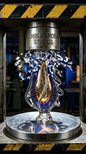 hydraulic press vs hand blown glass sculpture 🕸️ cobalt glass implosion and gold aventurine 4k