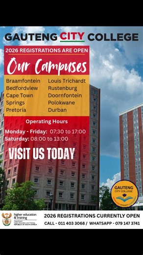 Wherever you are, GCC is close to you. 🇿🇦 With campuses across South Africa, Gauteng City College makes quality education accessible, affordable, and achievable. 📍 From Johannesburg to Cape Town, Durban, Polokwane, Rustenburg, Pretoria & more — your future starts right where you are. 🎓 2026 Registrations Now Open 📞 011 403 3068 | 📲 079 147 3741 🌐 www.gcc-ed.com #GautengCityCollege #StudyInSouthAfrica #HigherEducationSA #2026Registrations #StudentSupport CampusLife YourFutureStartsHere Edu