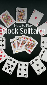 How to Play Clock Solitaire: Shuffle the cards and deal 13 piles of four cards. Place 12 piles in a circle like a clock and the 13th pile in the center. Draw the top card of the 13th pile and place it in the corresponding number location around the clock based on its rank. (Ace in the 1 o’clock spot, 2 in the 2 o’clock spot, Queen in the 12 o’clock spot, etc) Draw the top card off the stack in that location and place it in its corresponding location. If you reveal a King, place it in the center 