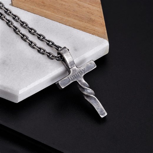 Sterling Silver Men Cross Necklace Custom Rustic Christian Strength Pendant Chain Unisex Handmade Jewelry Gift - Etsy