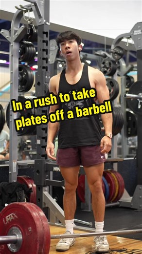 So you now know you can roll some plates on a barbell over a 5 lb plate to easily take the weights off one side... But how do you take off the other side in an efficient way? The answer is instead of taking the plates off the bar, you yank the bar out of the plates. #fyp #fitness #gym #bodybuilding