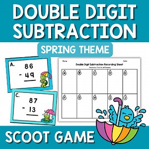 Spring Double Digit Subtraction Scoot Game Regrouping Math Center Task Cards