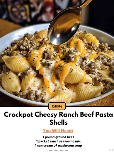Crockpot 🚙 Cheesy Ranch Beef Pasta Shells Ingredients: 1 pound ground beef 1 packet ranch seasoning mix 1 can cream of mushroom soup 1 cup beef broth 1 cup shredded cheddar cheese 1 cup shredded mozzarella cheese 1 pound medium pasta shells ..... Full Recipe in Coʍmеոτ 💬 🌈 | Grandma's Quick Recipes