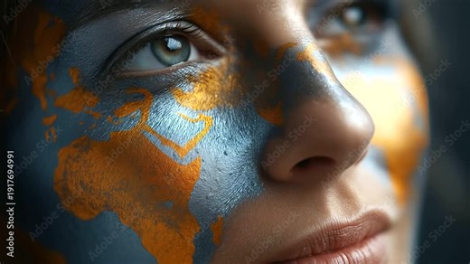 Close-up portrait of faceless woman with face painted as world map in metallic tones, unity and global connection symbolism, with copy space