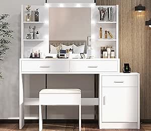 LINLUX Makeup Vanity Desk with Mirror and Lights, 48” Big Vanity Table Set with 3 Drawers, 6 Storage Shelves, Charging Station, Dressing Table with Cushioned Stool for Bedroom, White