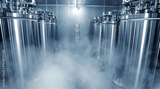 Cryogenic Storage: An array of silver cryogenic storage tanks, emit vapor, filling the room with an ethereal mist. Showcasing the cutting-edge technology behind low-temperature preservation.