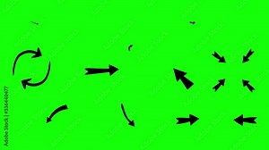 Drawing animation of many arrows of many different shapes pointing at something over a green screen.
