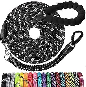 Long Dog Leash 80 FT: Heavy Duty Rope Leashes for Dogs Training with Swivel Lockable Hook Reflective Threads Bungee and Padded Handle - Dog Lead for Large Small Medium Dogs Outside Walking Hiking