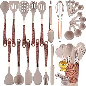 Silicone Cooking Utensils Set with Holder- 24pcs Kitchen Utensil Set with Wood Pattern Handle, Silicone Utensils for Cooking with Food Safety Turner, Pasta Server, Skimmer, Ladle, Spoon, Tong, Whisk