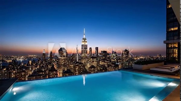Rooftop pool with city skyline view.