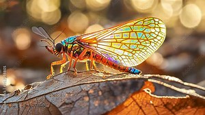 Footage A colorful cicada perched on a leaf, showcasing intricate wing patterns and sunlight effects.