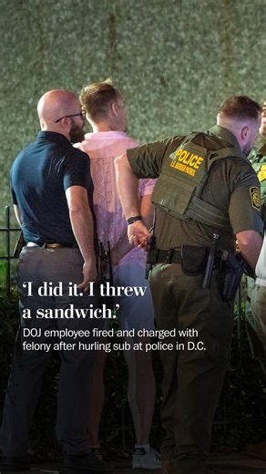 Attorney General Pam Bondi says a Justice Department employee has been fired after he was arrested for allegedly throwing a wrapped Subway sandwich at a federal law enforcement officer in Washington, D.C., Sunday evening. Following his arrest, the man allegedly told one of the arresting officers: “I did it. I threw a sandwich.” https://wapo.st/45g9YFs | Washington Post