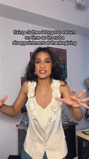 Jahnvi Doshi on Instagram: "and finished it in 30 mins! 🦃 [fixing clothes i forgot to return so im not a disappointment at thanksgiving] #sewing #upcycling #thanksgivingoutfit"