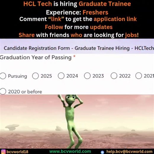BCVWorld Jobs on Instagram: "Comment “link” to get the application link. . . . . . . . . . . 🔔 Follow for daily job updates 📤 Share with friends who are job hunting Your tech journey starts here! 🌟 Disclaimer: This post is for informational purposes only. We are not affiliated with HCL Technologies. Hiring details are based on publicly available information. No fees are charged for job applications. Please verify details on the official HCL website before applying. #hcltech #hclhiring #gradua
