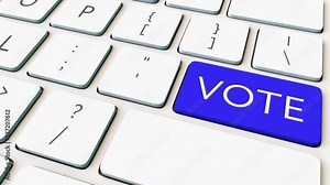 Tracking close-up shot of computer keyboard and blue vote key. Conceptual 4K animation