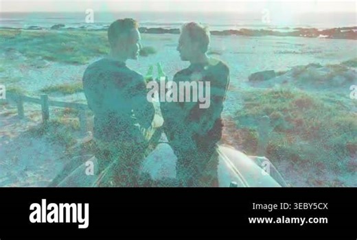 Two men clinking green bottles sipping on car at shore, cyan overlay washing profiles for marketing. Duo, coastal, ocean, horizon, backlit, silhouette, lensflare Stock Video Footage - Alamy