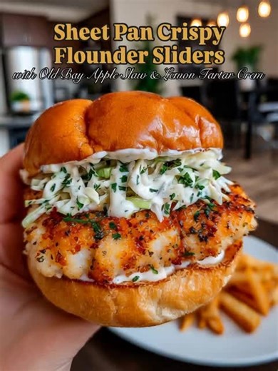 Sheet Pan Crispy Flounder Sliders with Old Bay Apple Slaw & Lemon Tartar Crem