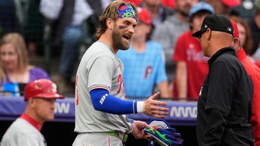 Phillies' Bryce Harper ejected after striking out in first inning vs. Rockies