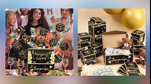 Birthday Surprise Gift Box Explosion for Money, Exploding Money Gift Box for Cash Pop up Birthday Money Explosion Box Surprise Party Gift 12 Folding Bounce Boxes for Men Women Kids, Black Gold