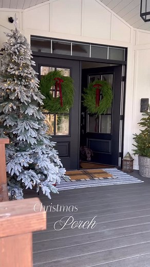 ✨A Warm Welcome This Christmas✨ Step onto a festive farmhouse porch where a pre-lit Christmas tree glows softly and Cypress wreaths trimmed with red ribbon frame the entrance. Natural textures, classic greenery, and cozy details make this holiday porch decor feel timeless, welcoming, and full of Old World charm. 🌲❤️ Invite magic, warmth, and nostalgia into your home — a space where guests feel instantly embraced by the spirit of Christmas. ✨ -Live Cypress Wreaths from @sandersonwreaths ✨ ✨ Shop