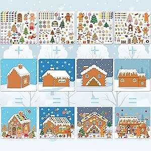 XZENTIRA 32 Sheets Christmas DIY Gingerbread Stickers Make a Gingerbread House DIY Craft Stickers for Christmas Party Decorations Favors Holiday Party Game Supplies