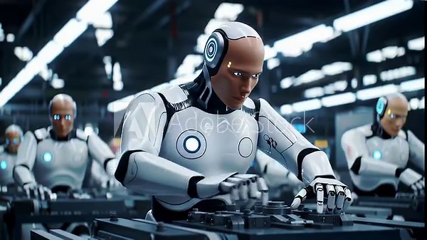 A futuristic assembly line operated by advanced humanoid robots manufacturing complex electronics