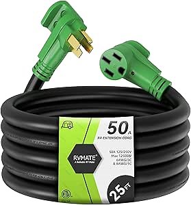 RVMATE 50 Amp 25 Feet RV/EV Extension Cord, Easy Plug in Handle, 14-50P to 14-50R with LED Indicator, ETL Listed, Come w/Storage Bag and Plastic Strap