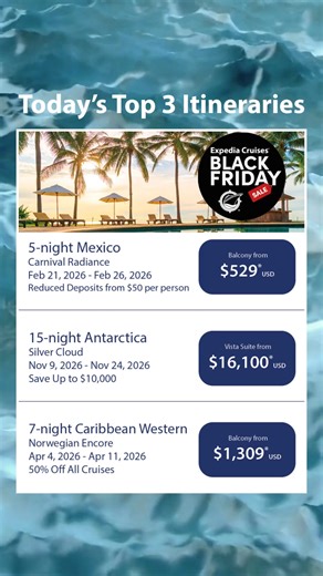 BLACK FRIDAY SALE 🖤🔥 It’s almost over! Check out today’s Top 3 itineraries and secure your spot. Carnival Radiance: https://www.expediacruises.com/en-US/TracyPreston/RequestAQuote?cruise=1470296&utm_campaign=social_hub&utm_medium=social&utm_source=facebook Silver Cloud: https://www.expediacruises.com/en-US/TracyPreston/RequestAQuote?cruise=1563641&utm_campaign=social_hub&utm_medium=social&utm_source=facebook Norwegian Encore: https://www.expediacruises.com/en-US/TracyPreston/RequestAQuote?crui