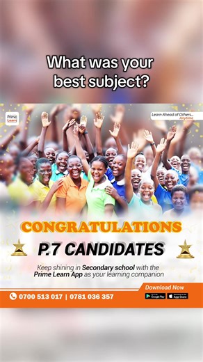 We are so proud of your hard work and success. As you keep shining at your next @Secondary school level, continue learning and revising using the Prime Learn App #PLE #uneb