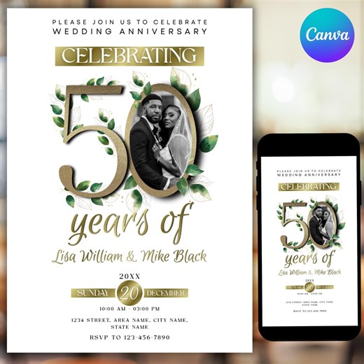 50th Anniversary Invitation, Greenery, Gold, Elegant, Foliage, Eucalyptus, Wedding Anniversary Invitation With Photo, Editable, Digital - Etsy