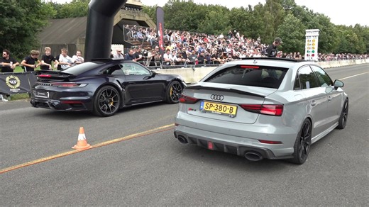 High power Audi and Porsche cars face off in a drag race