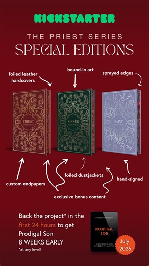 Sierra Simone on Instagram: "The Priest special editions are LIVE on Kickstarter now! ⁣ ⁣ And during the first 24 hours only—any pledge ✨at any level✨will come with a bonus treat: early access to the Prodigal Son ebook eight weeks before its release in 2026.🔥⁣ ⁣ Check out thesierrasimone.com/kickstarter for more details on these foiled leather hardcovers and so much more! #priestseries #priestsierrasimone"
