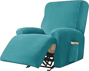 CONRUSER Recliner Chair Covers, 4-Piece Velvet Stretch Recliner Slipcover Single Seat Couch Cover Soft Furniture Protector with Pocket (Turquoise)