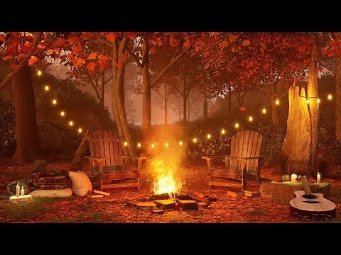 Cozy Fireplace in the Autumn Forest - Cozy Fall Ambience - Crackling Campfire, Falling Leaves