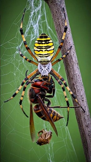 Close-up of the Argiope bruennichi spider hunting: Wasp devoured #wasps #hornet #spider #insects