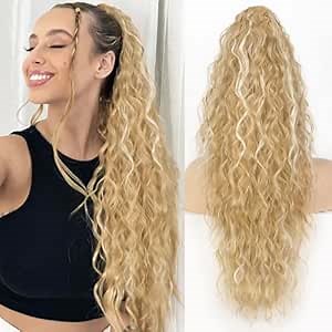 ALXNAN Claw Clip Ponytail,26 Inch Blonde with White Blonde Highlights Ponytail Extension for Women Synthetic Long Curly Wavy Clip in Ponytail Hair Extensions Hairpiece for Daily Party Use