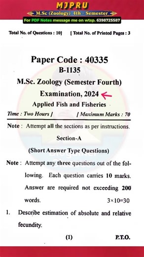 MJPRU M.Sc Zoology 4th Sem Applied Fish & Fisheries 2024 | Previous Year Question Paper
