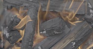Warm Cozy Burning Fire Logs. Camping fire details with flames and burned logs and ash in 4k slow motion F-LOG format.