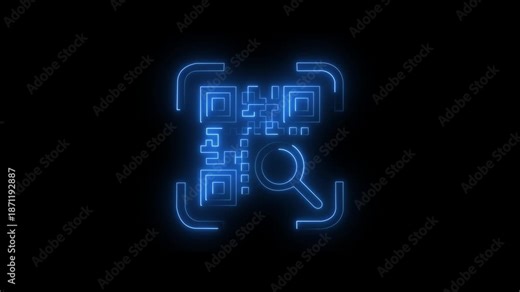 Neon line QR code animated lineal symbol icon. Scanning QR code symbol. Glowing neon qr code scan animation. laser beam qr code scanner on black background