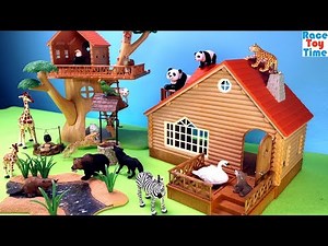 Toy Animals in the Wildlife cabin and treehouse - Fun Animal Toys For Kids