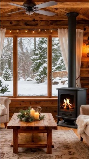 Rustic-Chic Cabin Sunroom | Warm Fire & Snowy Winter Retreat #relaxing